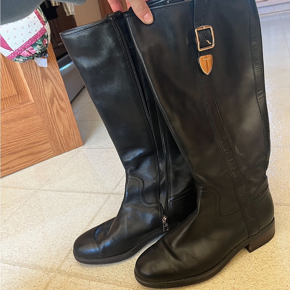 Coach Black Heeled Boots with Gold Buckle
